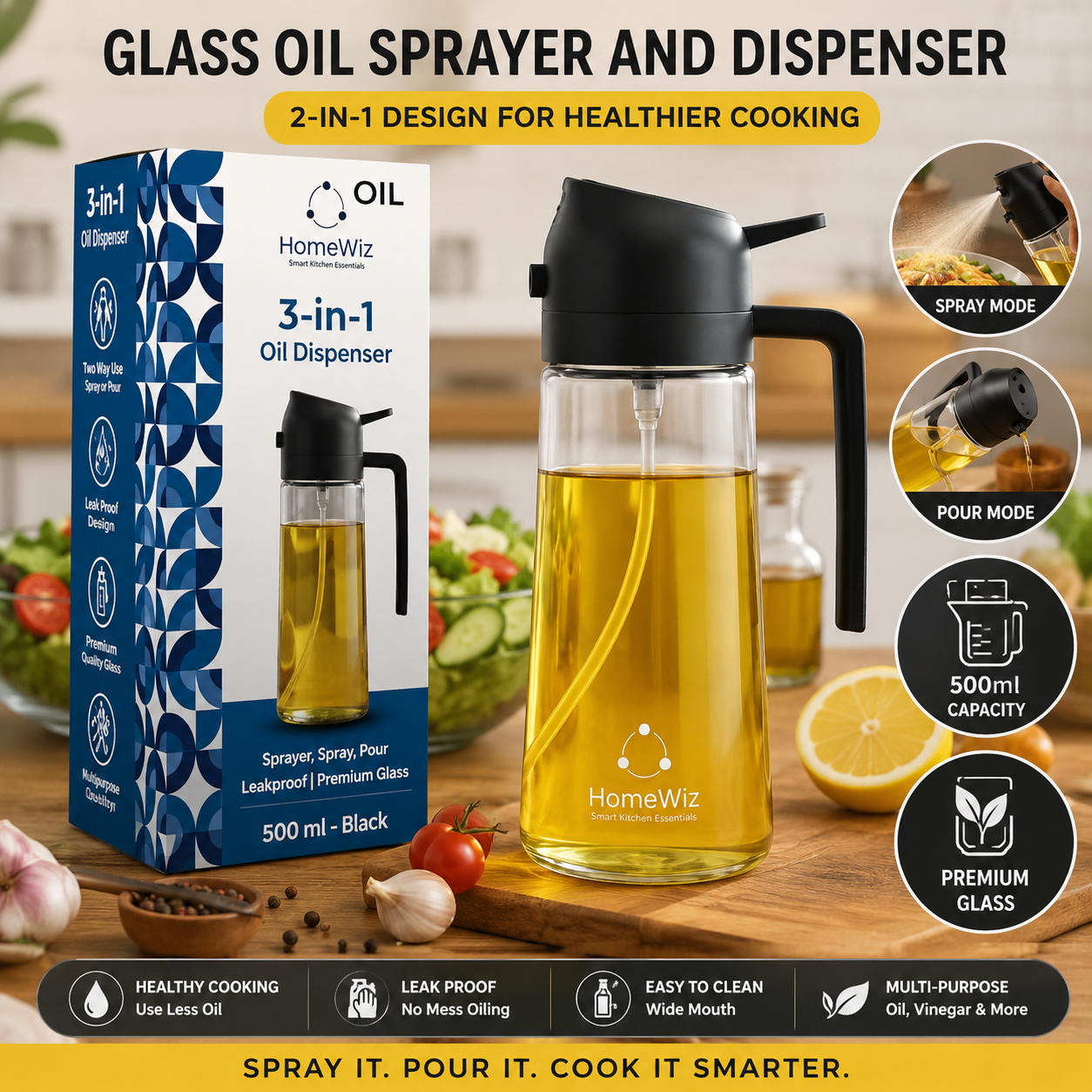 Glass Oil Sprayer and Dispenser Bottle, 500ml Capacity, 2-in-1 Design, MULTI