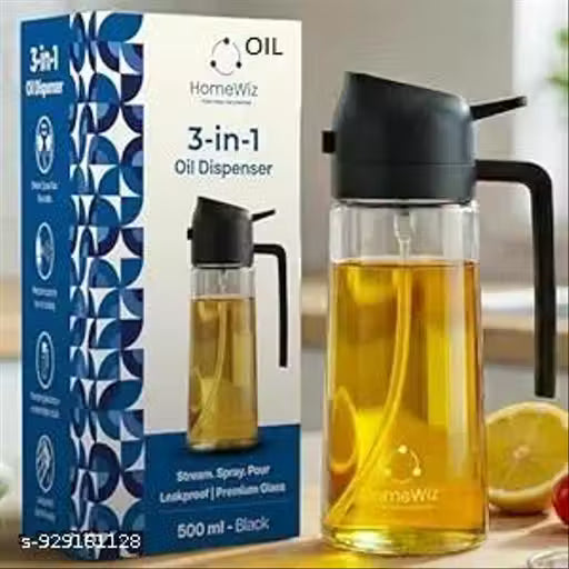 Glass Oil Sprayer and Dispenser Bottle, 500ml Capacity, 2-in-1 Design, MULTI