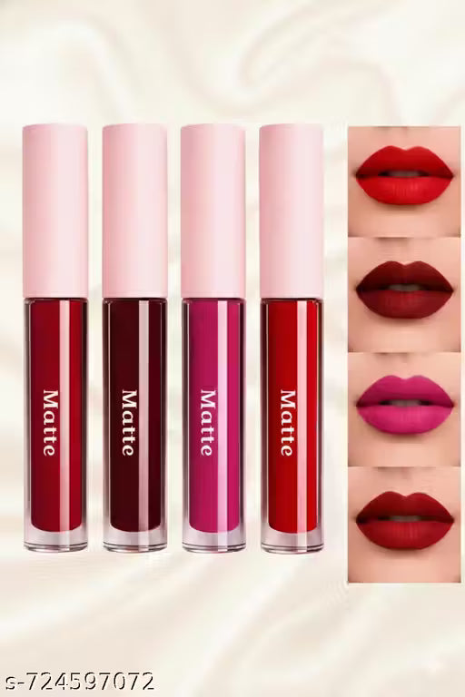 Pack of 4 Matte Liquid Lipsticks for Women | Transfer Proof Waterproof Lip Color Combo | Party & Daily Wear | Red Pink Nude Shades for Women | Bridal Party Makeup Combo