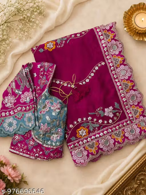 Premium Rangoli Silk Heavy Sequin Embroidered Saree with Stitched Blouse
