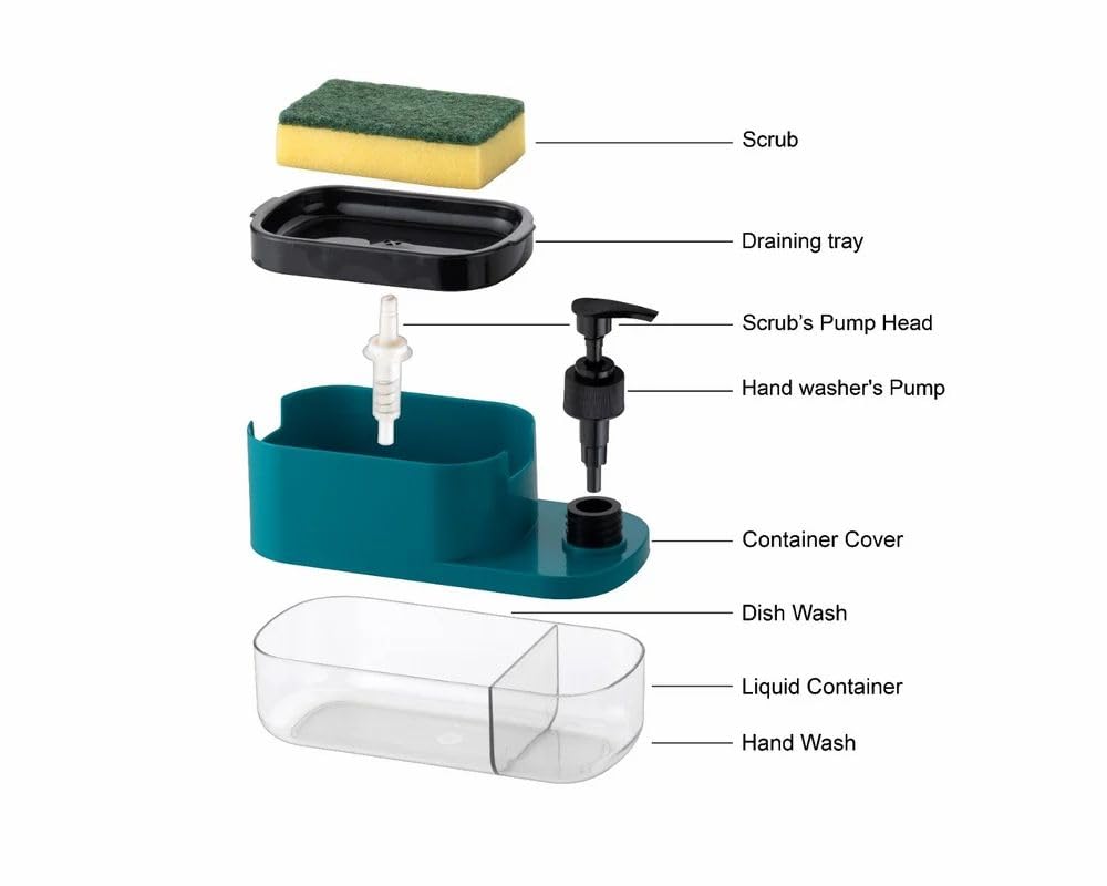 3 in 1 Soap Pump Dispenser Dish Soap Liquid Dispenser Sponge Holder Dish Soap Dispenser for Kitchen Sink Countertop Kitchen Bathroom (Multi-Color,Pack of 1)