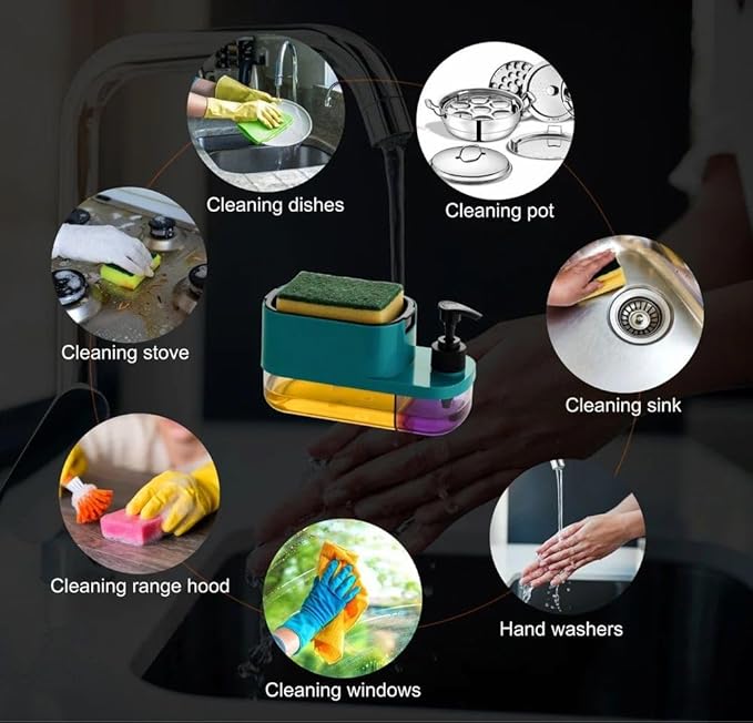 3 in 1 Soap Pump Dispenser Dish Soap Liquid Dispenser Sponge Holder Dish Soap Dispenser for Kitchen Sink Countertop Kitchen Bathroom (Multi-Color,Pack of 1)