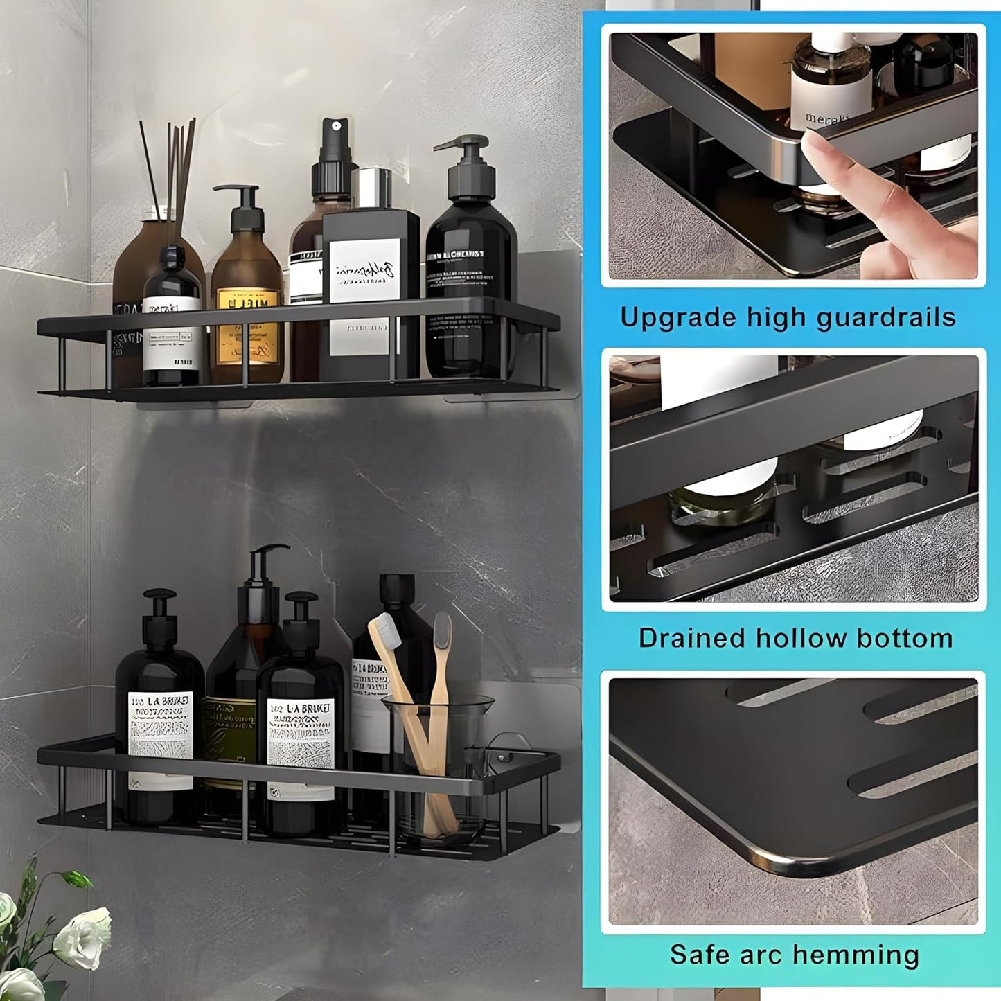SquareUp Aluminium Pack of 2 Self Adhesive Bathroom Shelf for Wall Shelf Organizer Wall Mounted Bathroom Shelves Rack Holder Stand for Bathroom Accessories Organiser Without Drill (Pack of 2)