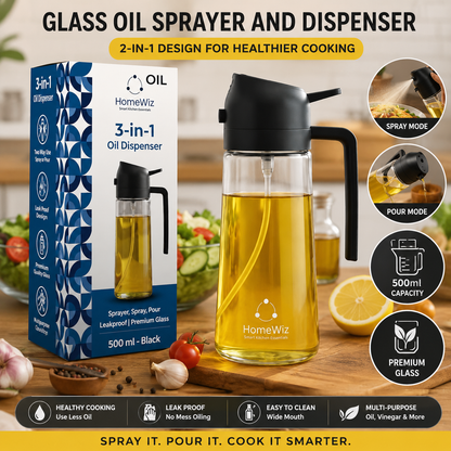 Glass Oil Sprayer and Dispenser Bottle, 500ml Capacity, 2-in-1 Design, MULTI