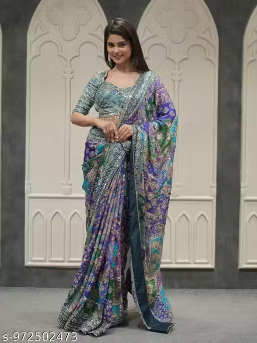 Kandora Multicolor Digital Print Satin Silk Saree With Blouse Piece | Mirror Work