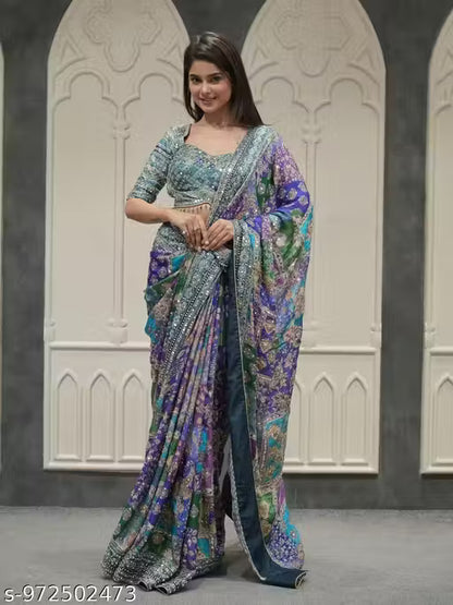 Kandora Multicolor Digital Print Satin Silk Saree With Blouse Piece | Mirror Work