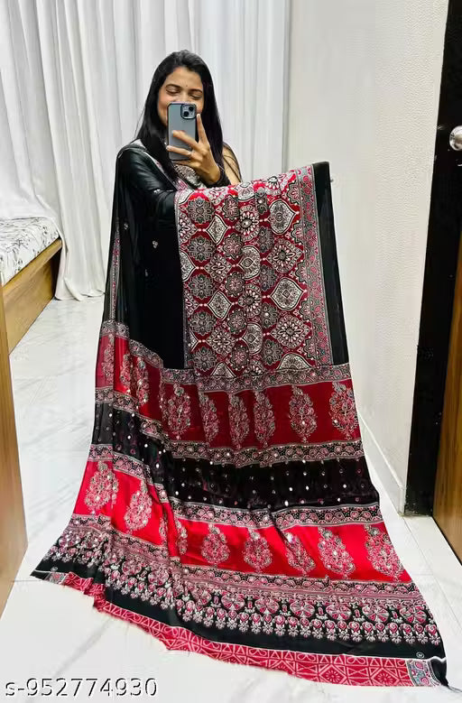 Ajrakh prints and mirror work saree