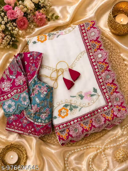 Premium Rangoli Silk Heavy Sequin Embroidered Saree with Stitched Blouse