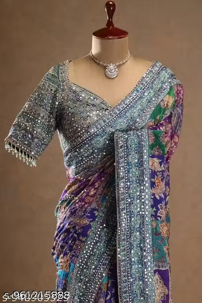Kandora Multicolor Digital Print Satin Silk Saree With Blouse Piece | Mirror Work