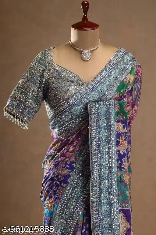 New Multicolor Designer soft Printed saree with Mirror Work Along with Printed blouse piece