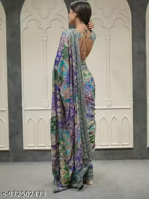 Kandora Multicolor Digital Print Satin Silk Saree With Blouse Piece | Mirror Work