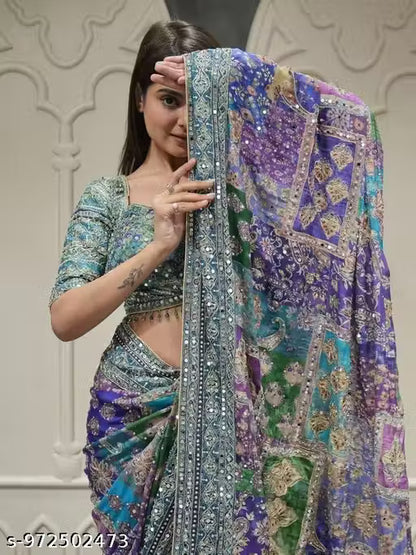 Kandora Multicolor Digital Print Satin Silk Saree With Blouse Piece | Mirror Work