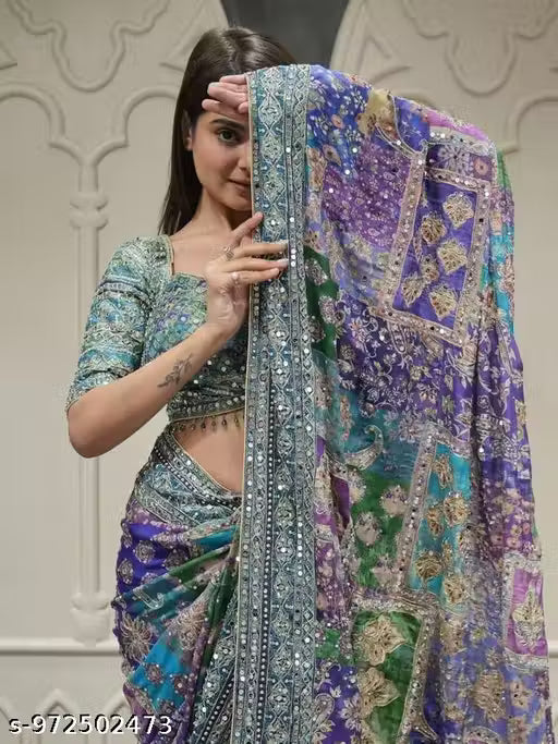 Kandora Multicolor Digital Print Satin Silk Saree With Blouse Piece | Mirror Work